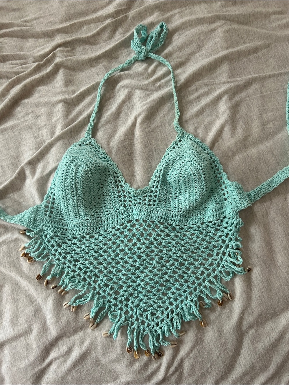 Crochet Fringe Halter Crop Top - Mint
